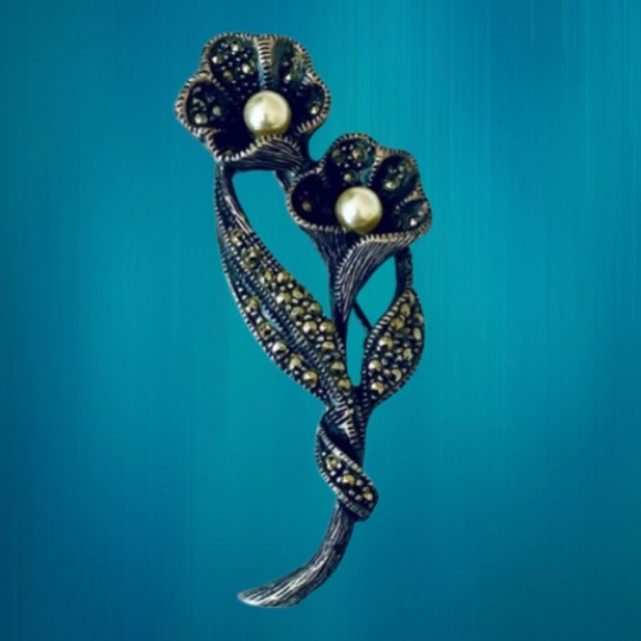 Vintage Sterling Silver Marcasites Flower Brooch Signed CN - Picture 1 of 10